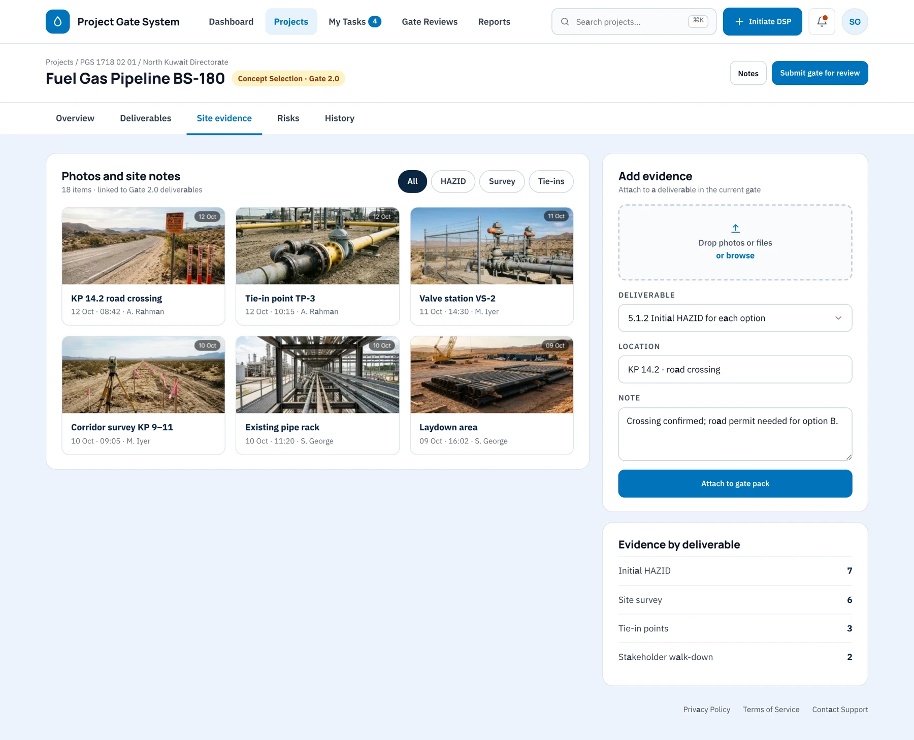 Site evidence linked to deliverables