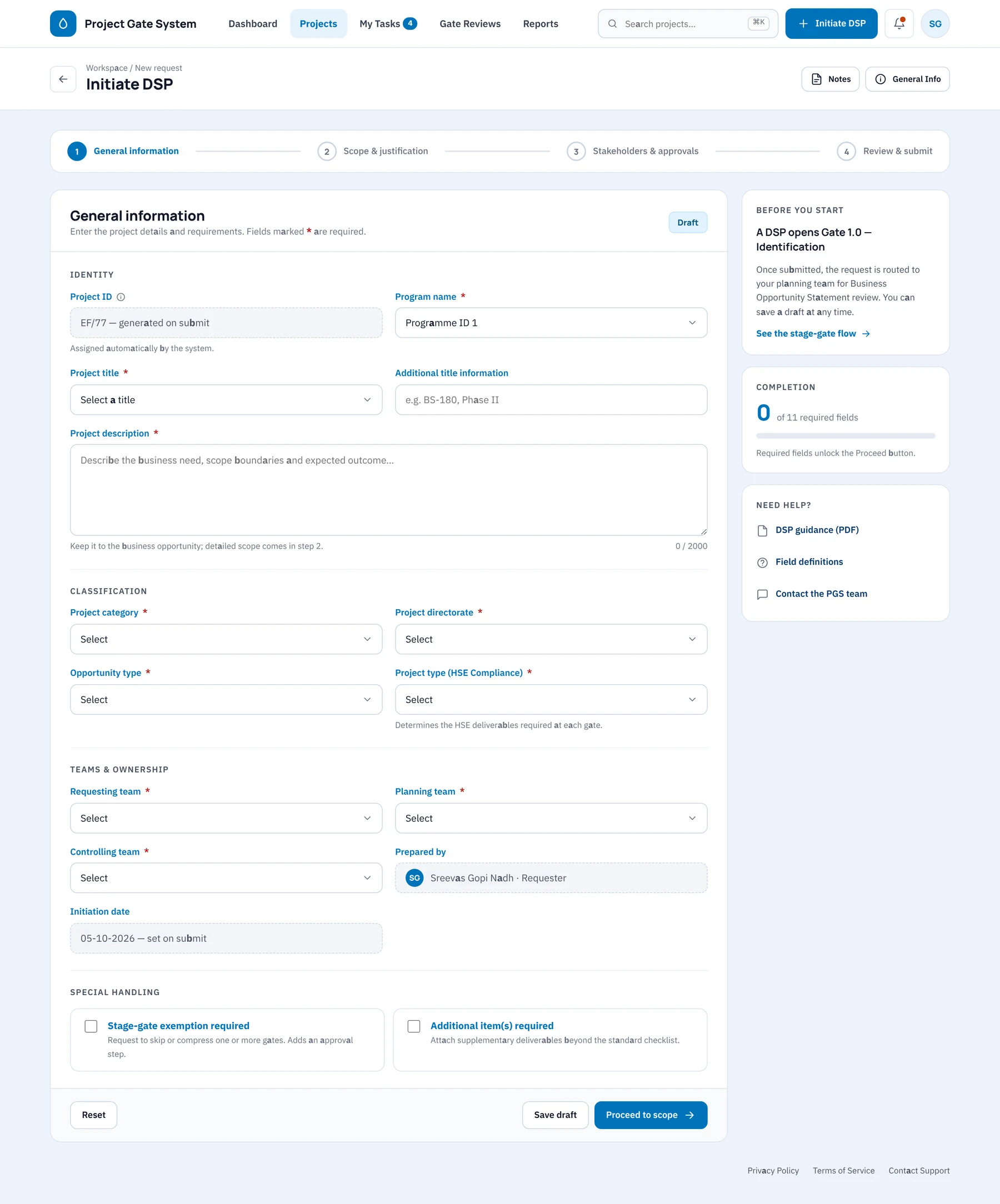 Starting a project through guided steps